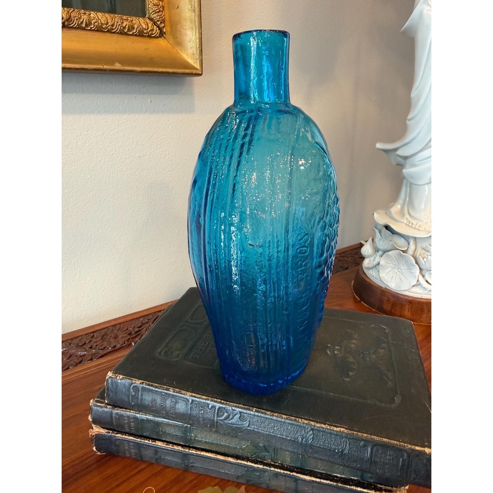 Vintage Clevenger Bros Blue Glass Bottle - Eagle and Grapes 8" - Picture 9 of 17